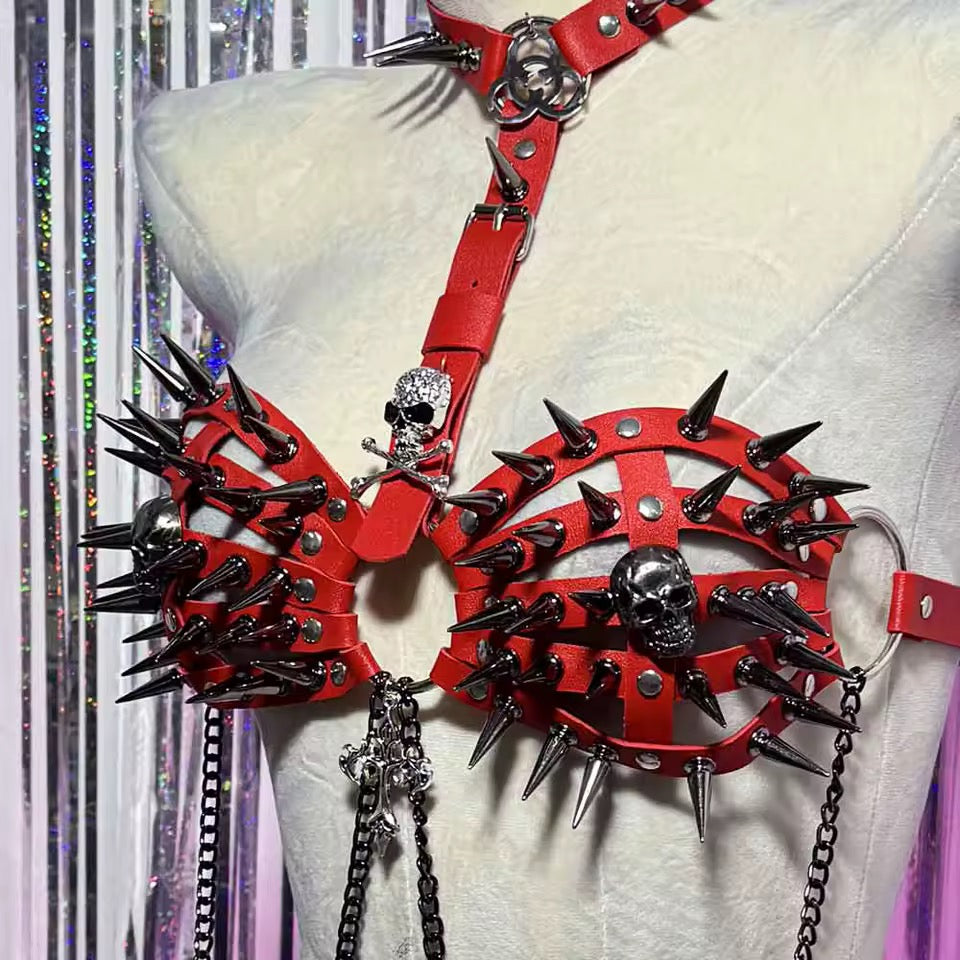 Red Faux Leather Spike Punk Chain Festival BDSM Harness