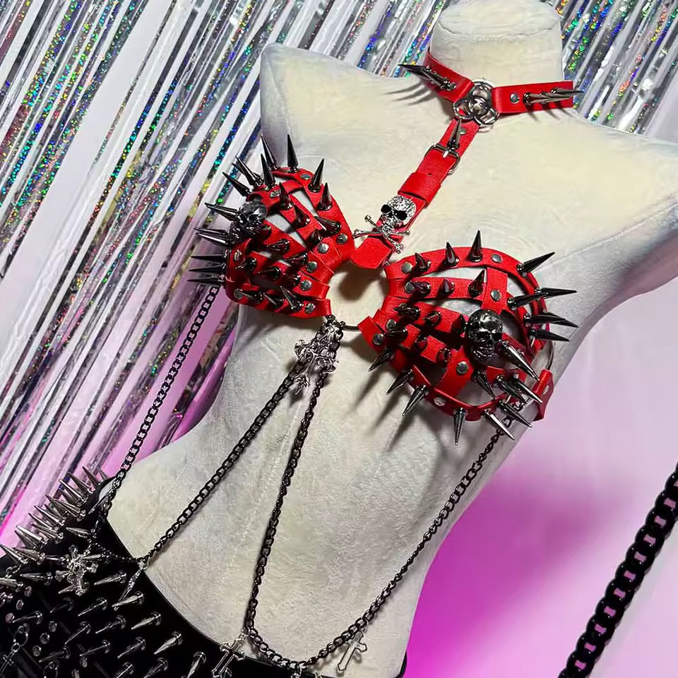 Red Faux Leather Spike Punk Chain Festival BDSM Harness