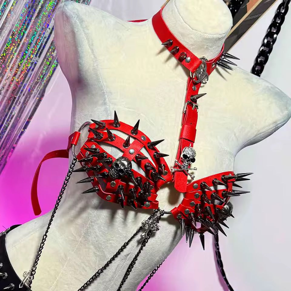 Red Faux Leather Spike Punk Chain Festival BDSM Harness
