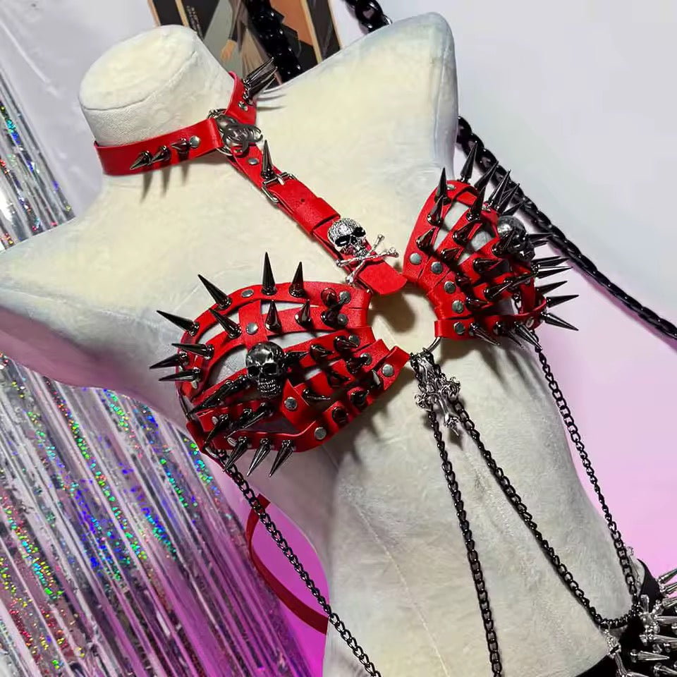 Red Faux Leather Spike Punk Chain Festival BDSM Harness