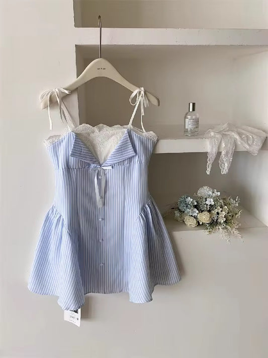 Blue Pinstripe French Lace Skater Mini Lolita Dress
