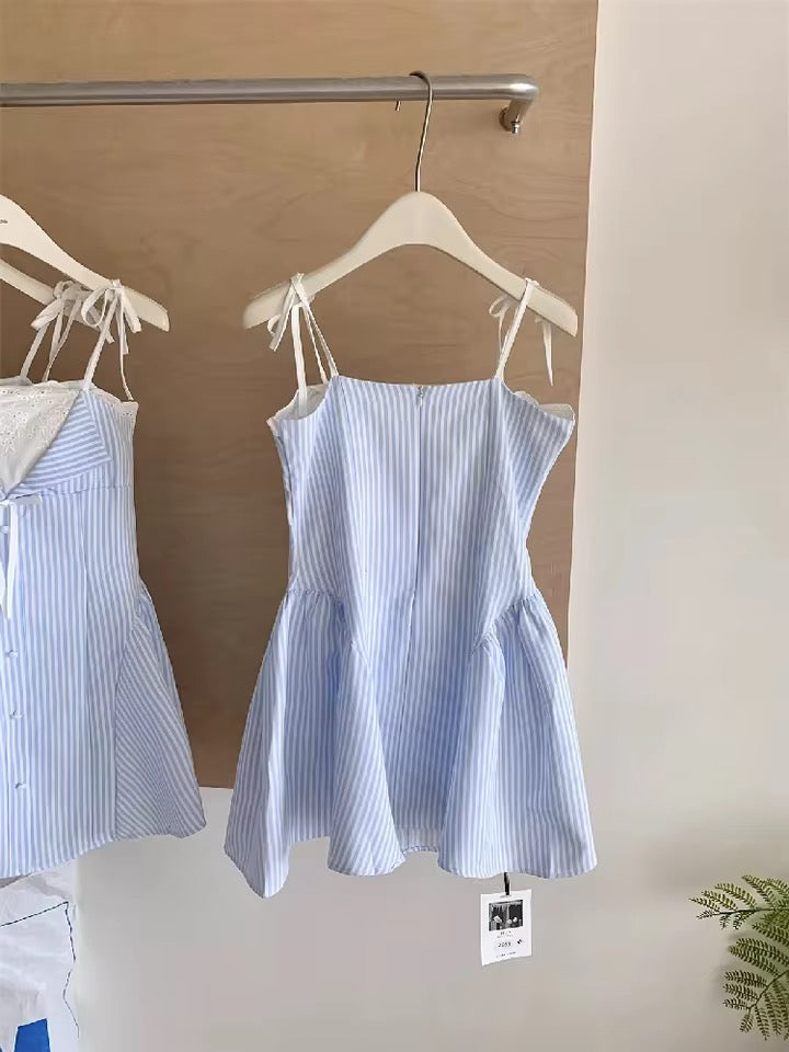 Blue Pinstripe French Lace Skater Mini Lolita Dress