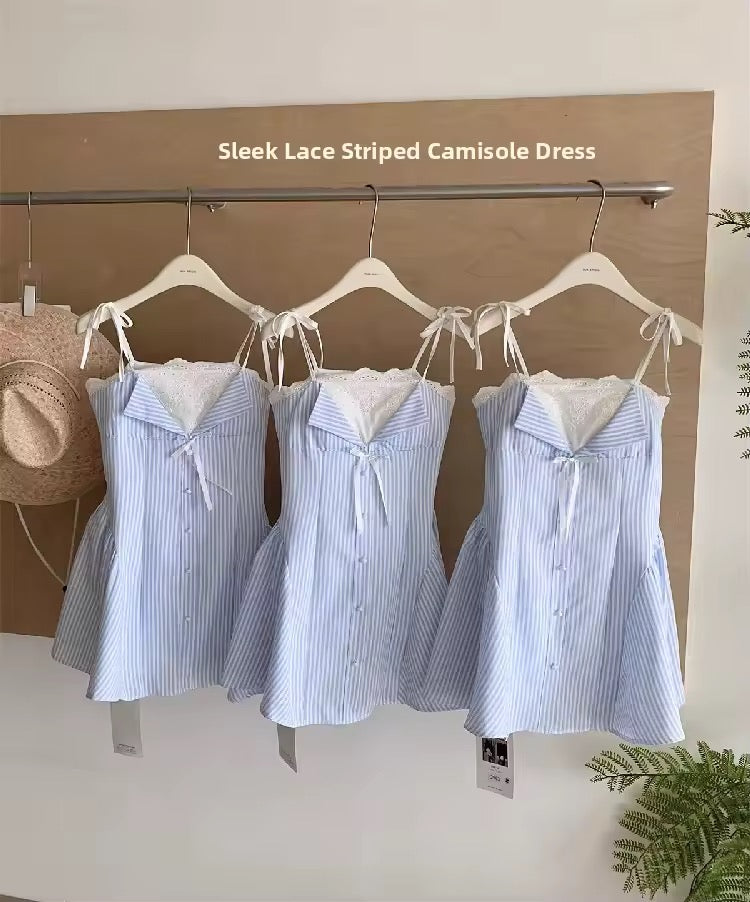 Blue Pinstripe French Lace Skater Mini Lolita Dress