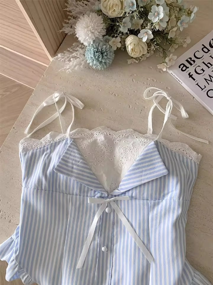 Blue Pinstripe French Lace Skater Mini Lolita Dress