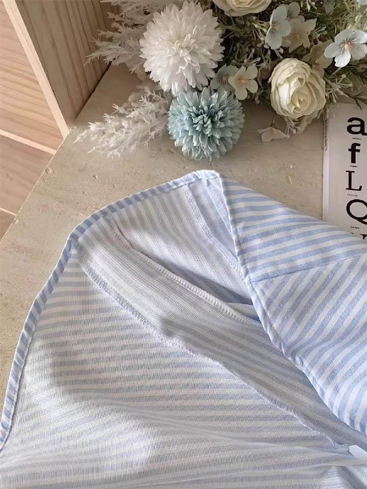 Blue Pinstripe French Lace Skater Mini Lolita Dress