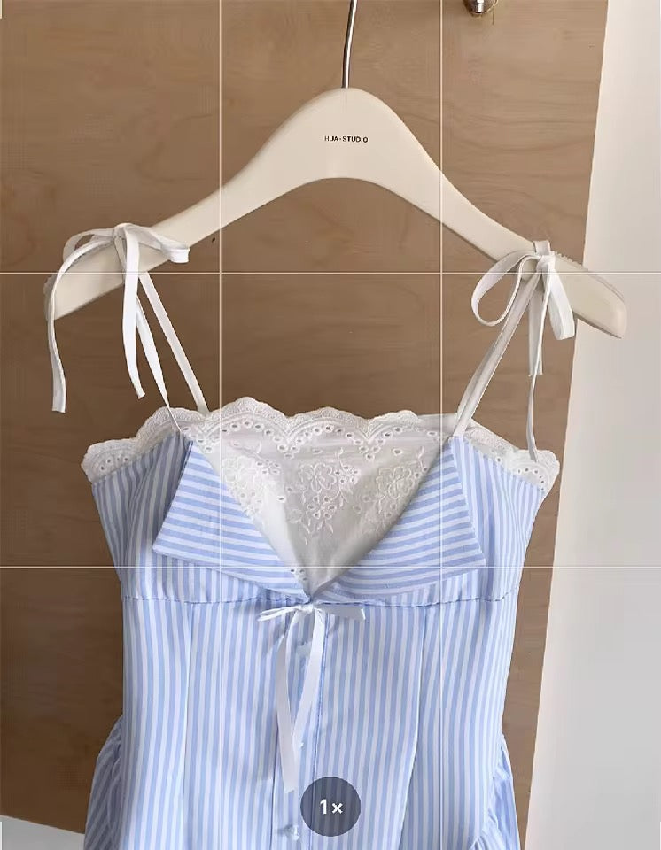 Blue Pinstripe French Lace Skater Mini Lolita Dress