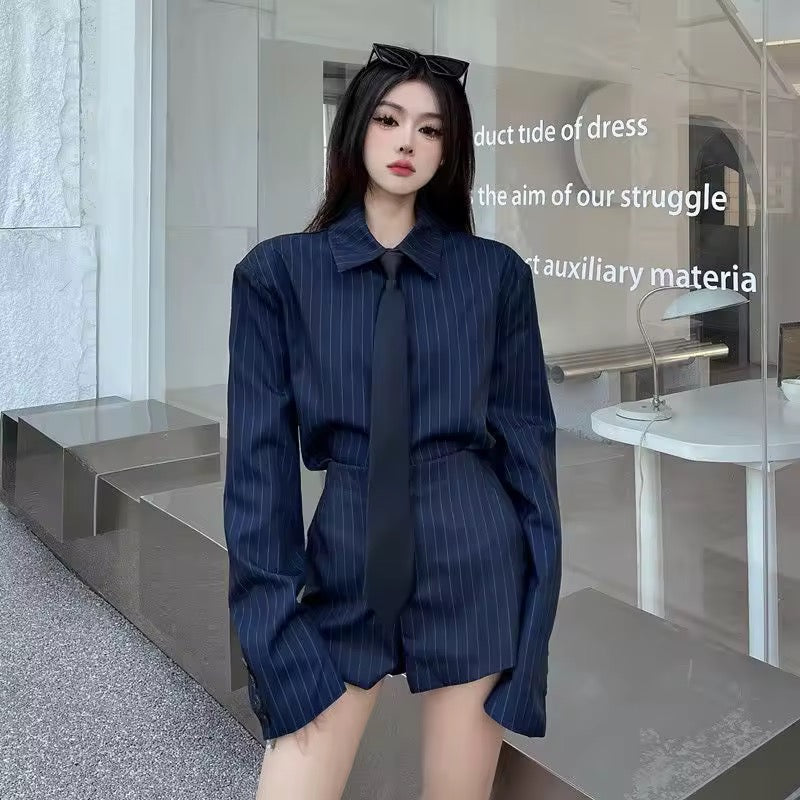 Corporate Pinstripe Korean Style Suit Shirt And Shorts Work Wear Outfit Set