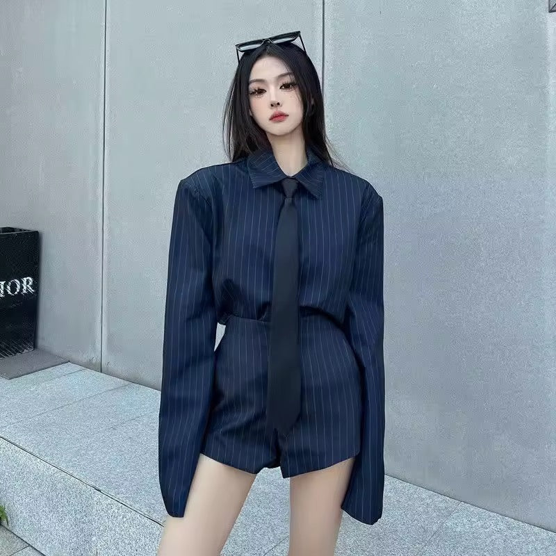 Corporate Pinstripe Korean Style Suit Shirt And Shorts Work Wear Outfit Set