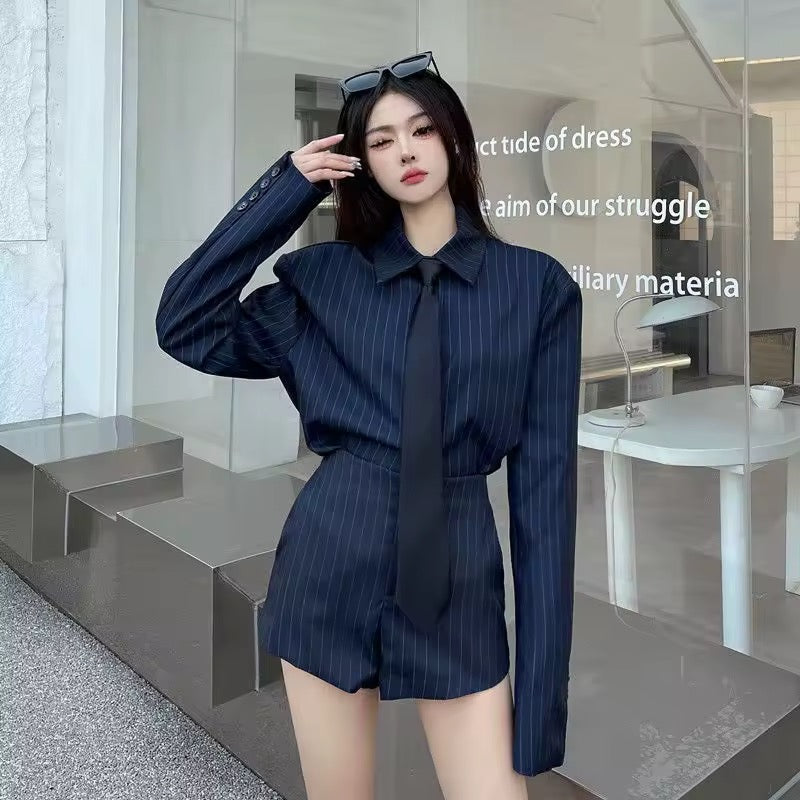 Corporate Pinstripe Korean Style Suit Shirt And Shorts Work Wear Outfit Set