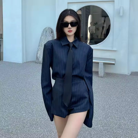 Corporate Pinstripe Korean Style Suit Shirt And Shorts Work Wear Outfit Set