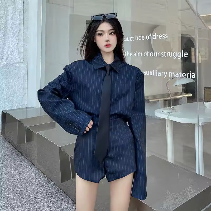 Corporate Pinstripe Korean Style Suit Shirt And Shorts Work Wear Outfit Set