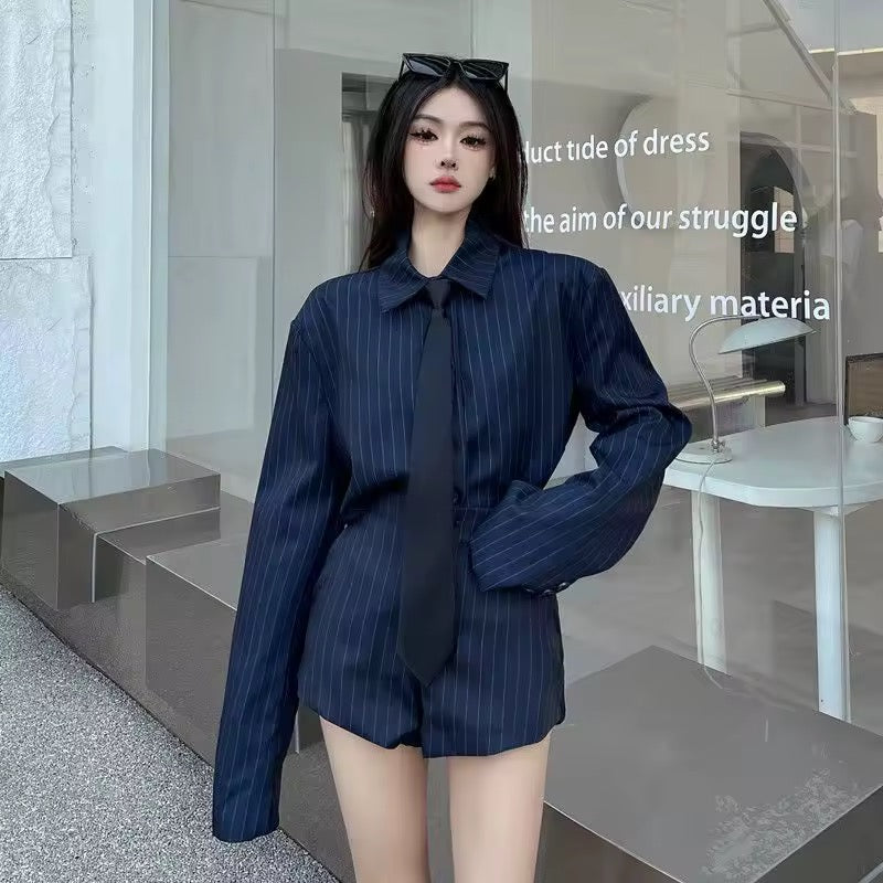 Corporate Pinstripe Korean Style Suit Shirt And Shorts Work Wear Outfit Set