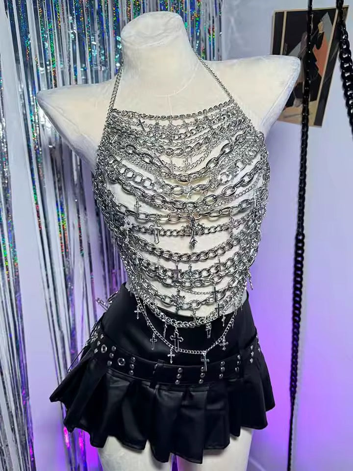 Silver Extreme Chain Punk Festival Crop Top Harness