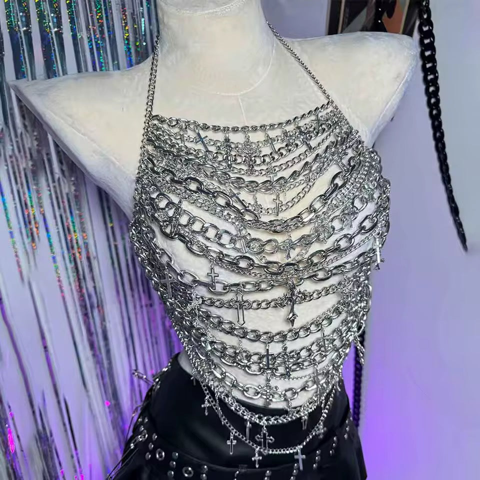 Silver Extreme Chain Punk Festival Crop Top Harness