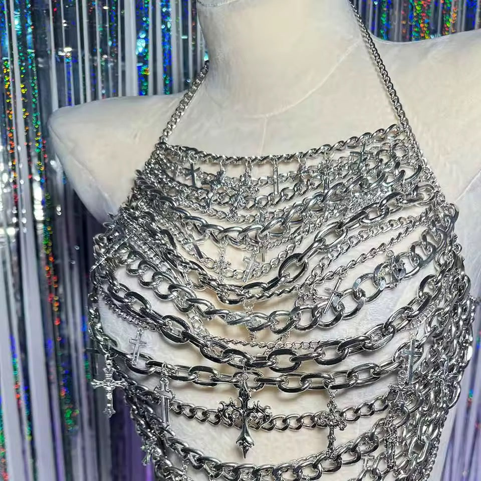 Silver Extreme Chain Punk Festival Crop Top Harness