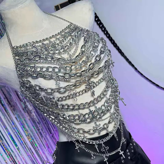 Silver Extreme Chain Punk Festival Crop Top Harness