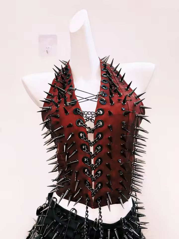 Red Chain Lace Up Halterneck Spike Studded Punk Crop Top