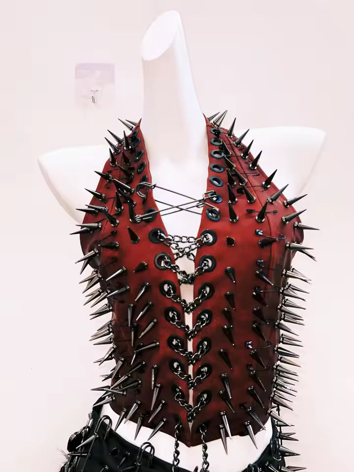 Red Chain Lace Up Halterneck Spike Studded Punk Crop Top