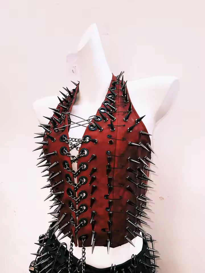 Red Chain Lace Up Halterneck Spike Studded Punk Crop Top