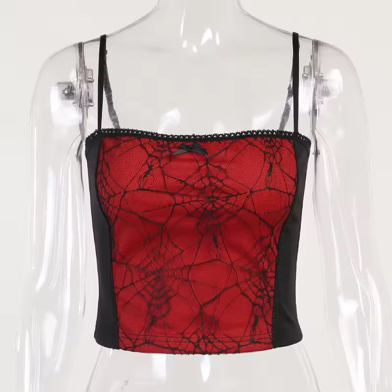 Black And Red Spiderweb Gothic Lace Crop Top