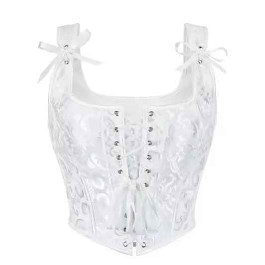 White Fairycore Bridal Floral Cropped Corset Top