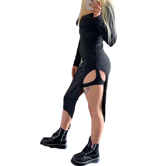 Black Gothic Garter Midi Cut Out Dress