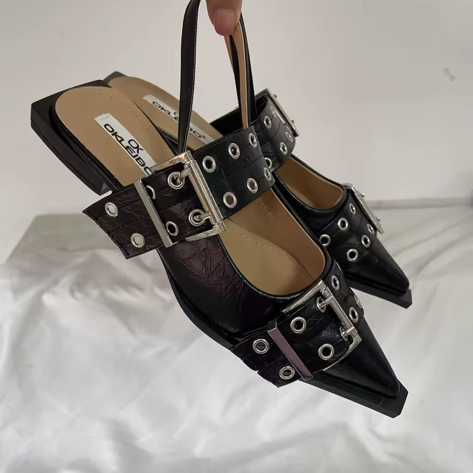 Leather Corporate Goth Point Toe Buckle Flat Shoes