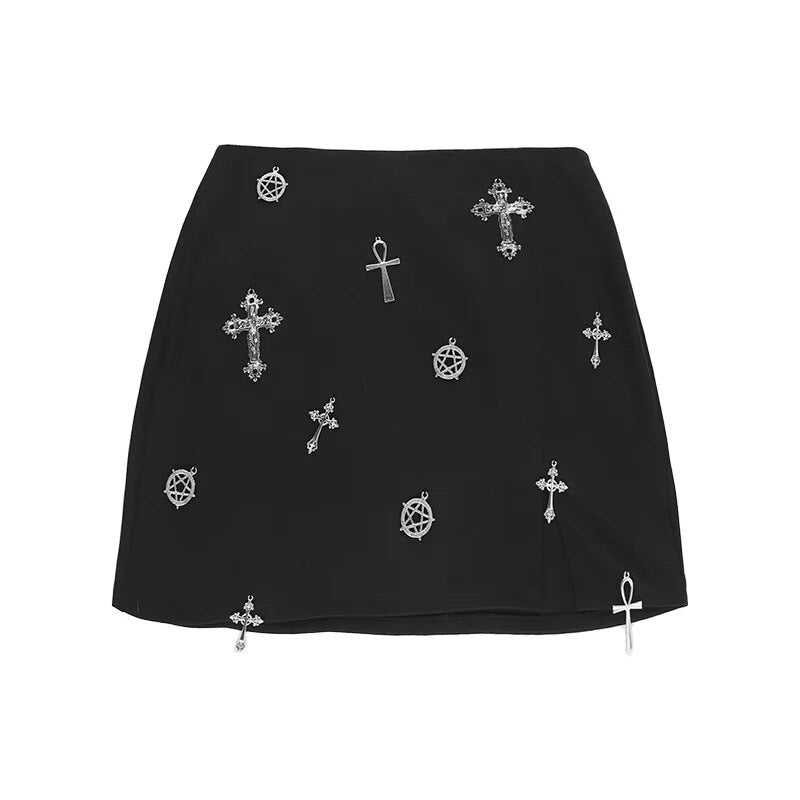 Black Gothic Cross Pendant Mini Skirt