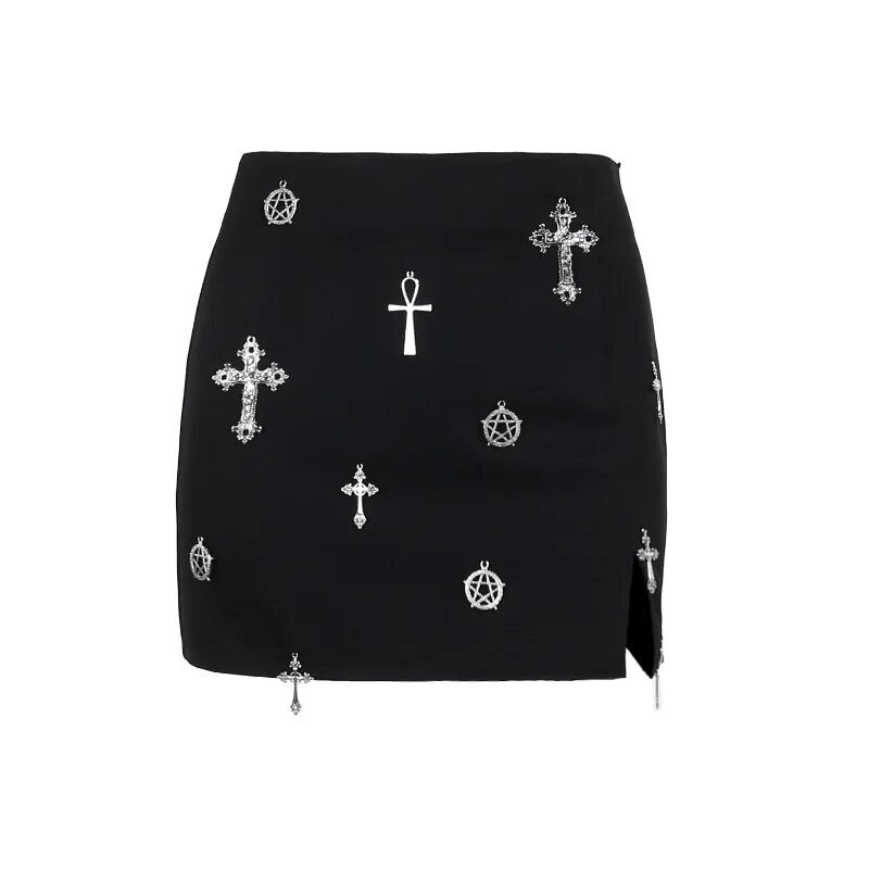 Black Gothic Cross Pendant Mini Skirt