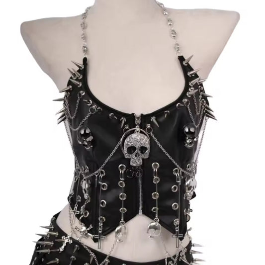 Black Faux Leather Punk Skull Studded Crop Top