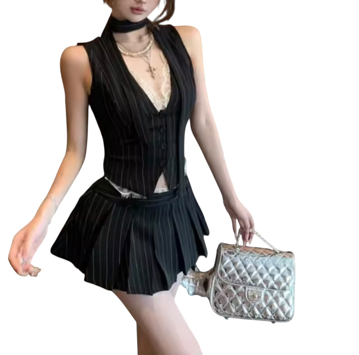 Black Pinstripe 3 Piece Vest Skirt Suit Set