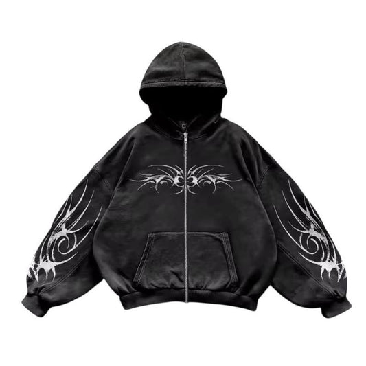 Black Alt Gothic Tribal Skater Oversized Zip Up Hoodie