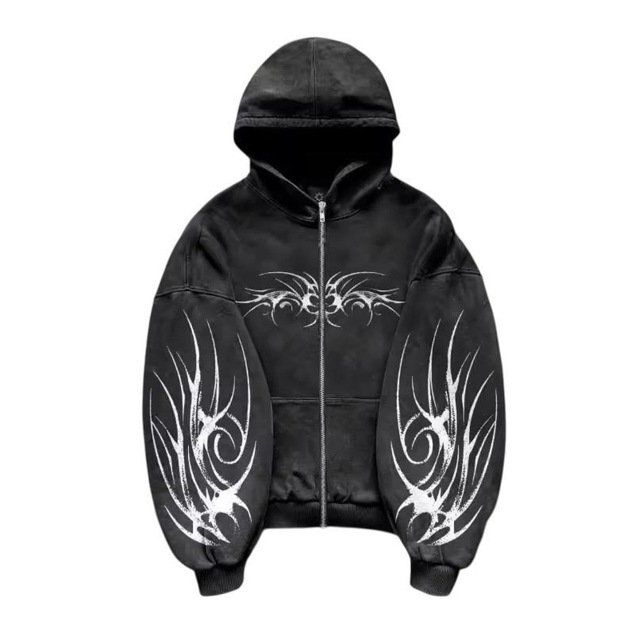 Black Alt Gothic Tribal Skater Oversized Zip Up Hoodie