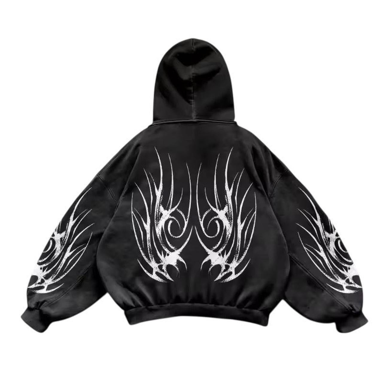 Black Alt Gothic Tribal Skater Oversized Zip Up Hoodie