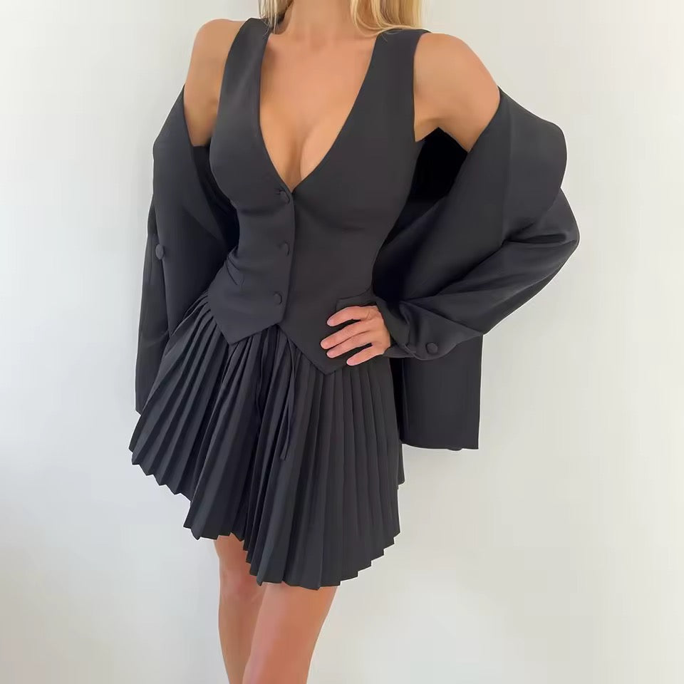 Black 2 Piece Korean Office Vest Skirt Co-Ord Set