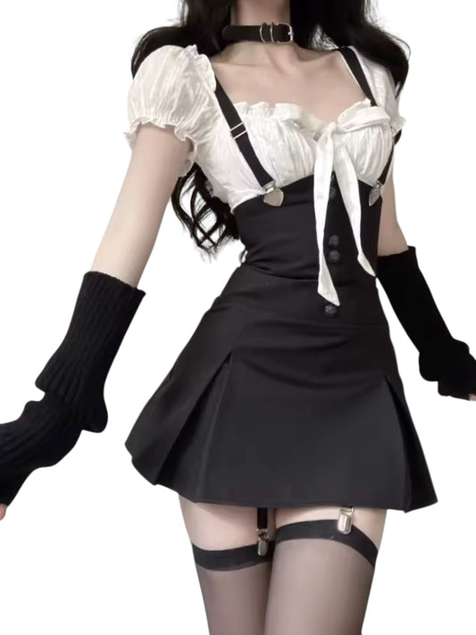 Black Gothic Korean Style Office Suspender Dress Shirt Co-Ord Set