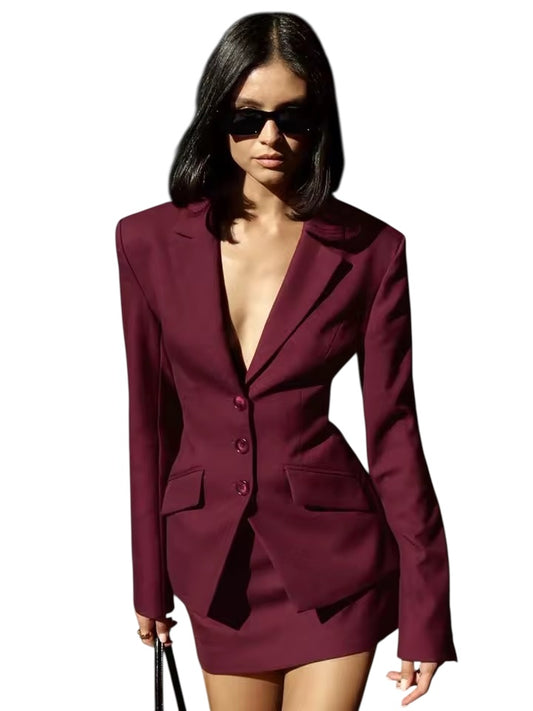 Wine Red CEO 2 Piece Skirt Suit Set