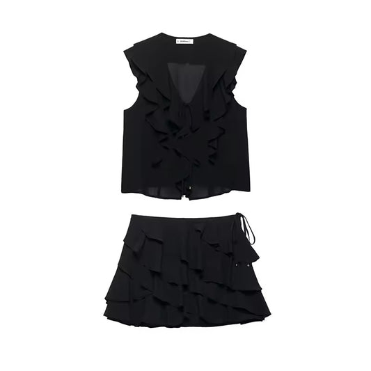 Black Dark Romance 2 Piece Gothic Chiffon Vest Skirt Set