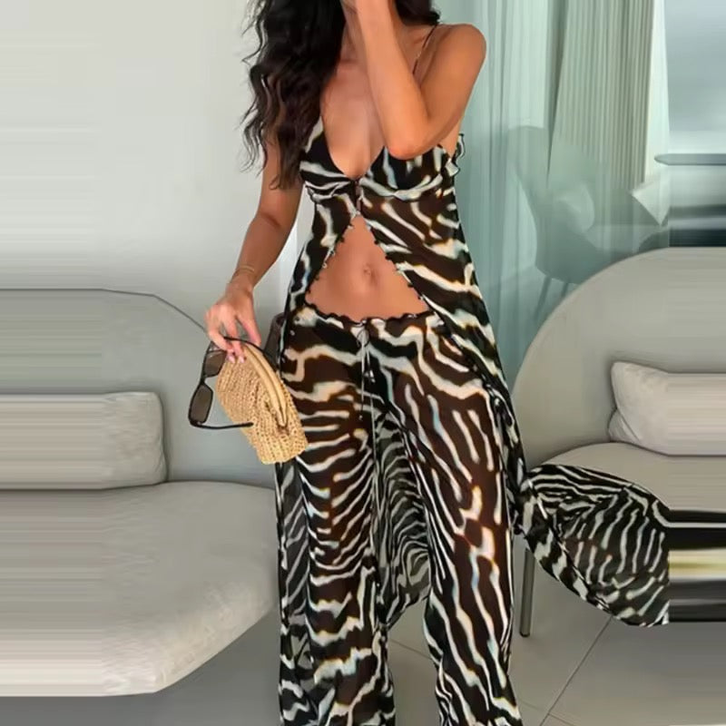Mesh Swirl Striped 2 Piece Maxi Blouse Top And Low Waist Flares