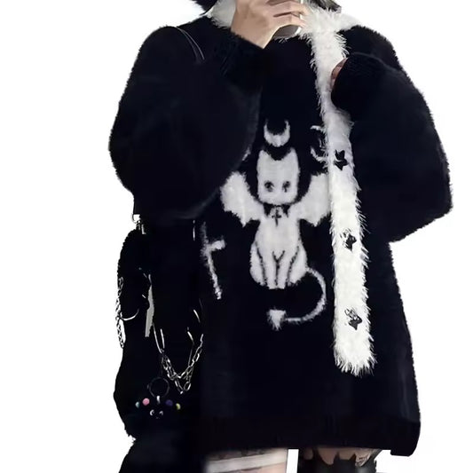 Black Gothic Satans Familiar Cat Oversized Knitted Jumper