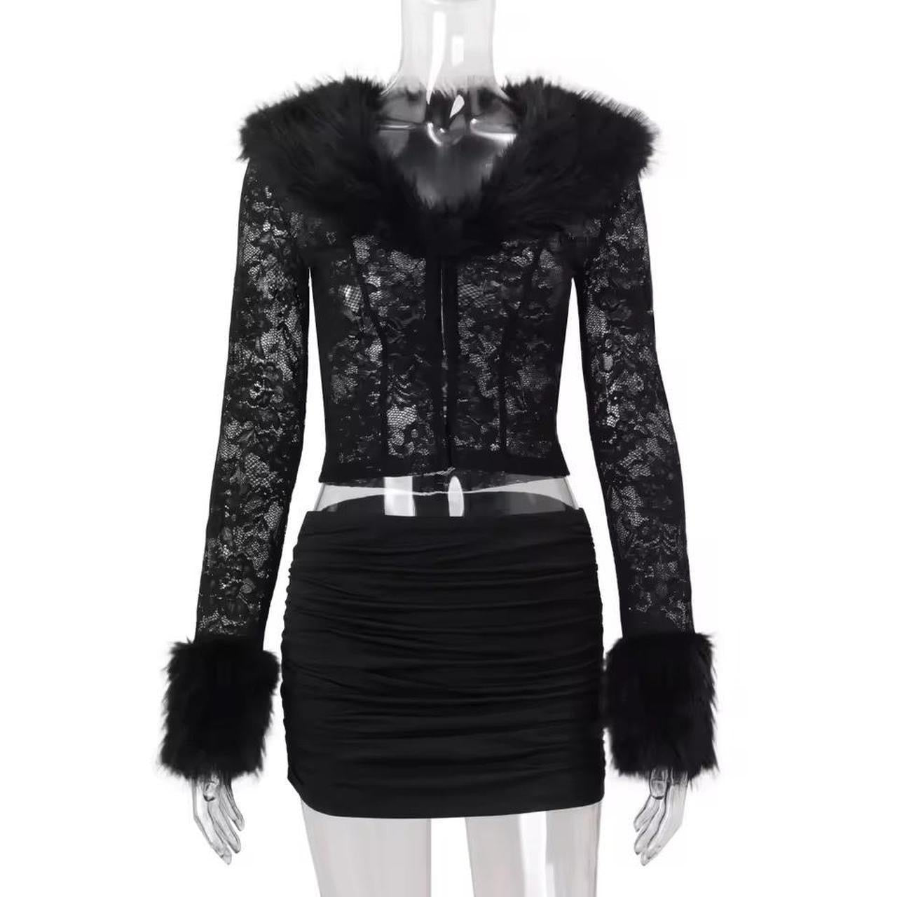 Black Lace Fluffy 2 Piece Blouse And Skirt Clueless Set
