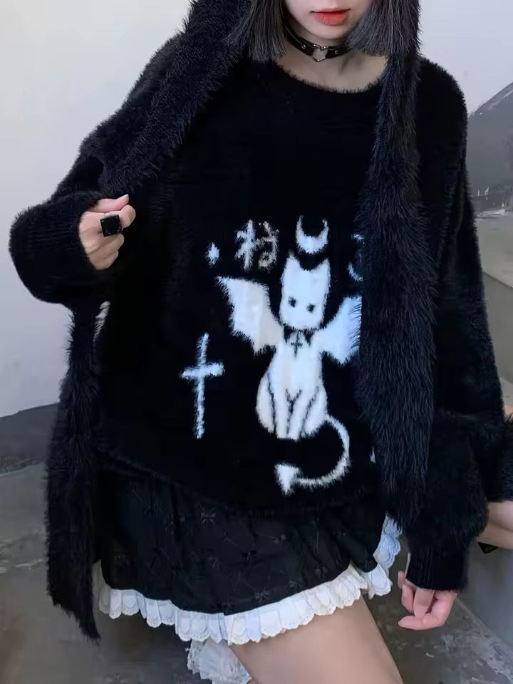 Black Gothic Satans Familiar Cat Oversized Knitted Jumper