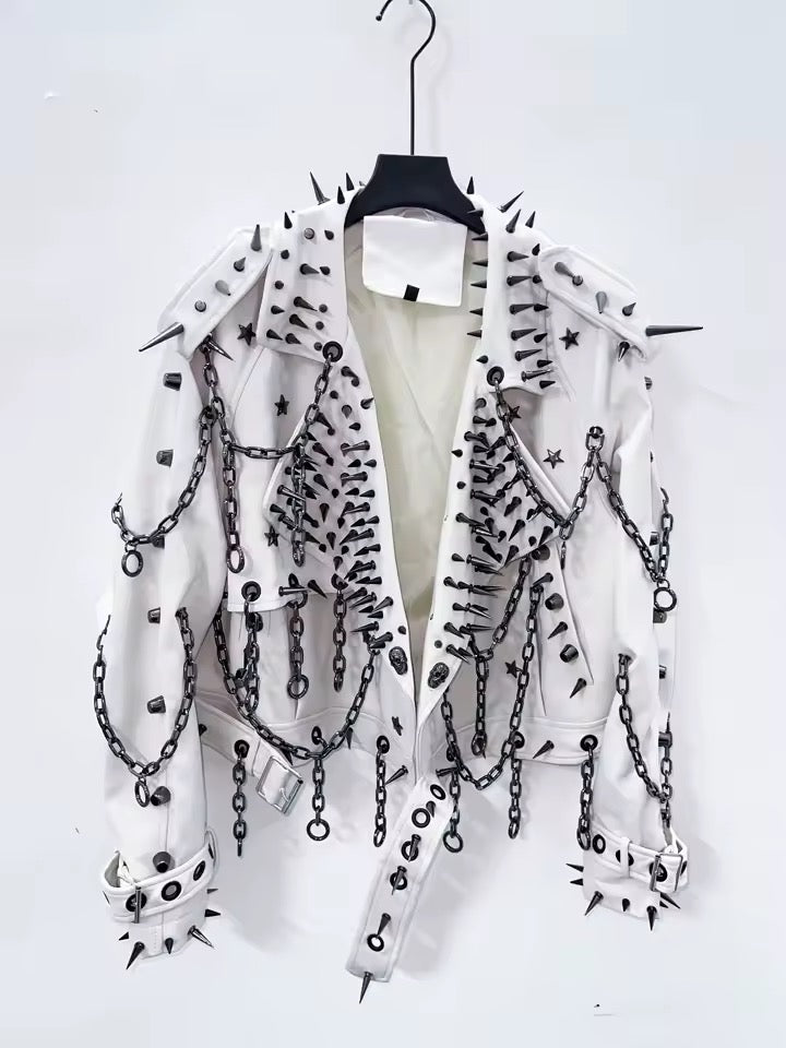 White Faux Leather Punk Spike Chain Jacket