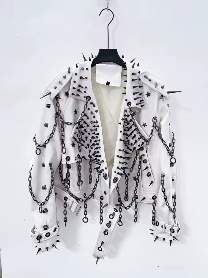 White Faux Leather Punk Spike Chain Jacket