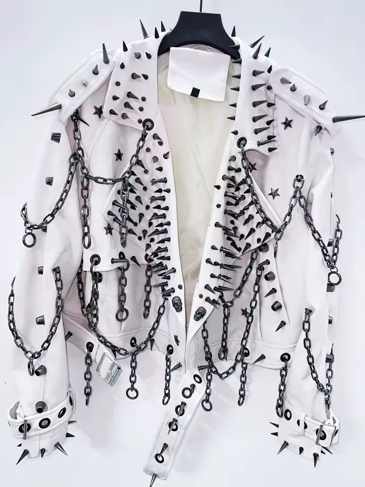 White Faux Leather Punk Spike Chain Jacket
