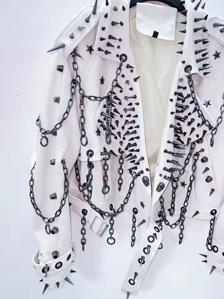 White Faux Leather Punk Spike Chain Jacket