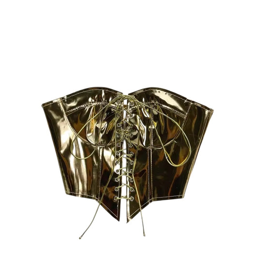 Gold Faux Leather Futuristic Lace Up Cropped Corset