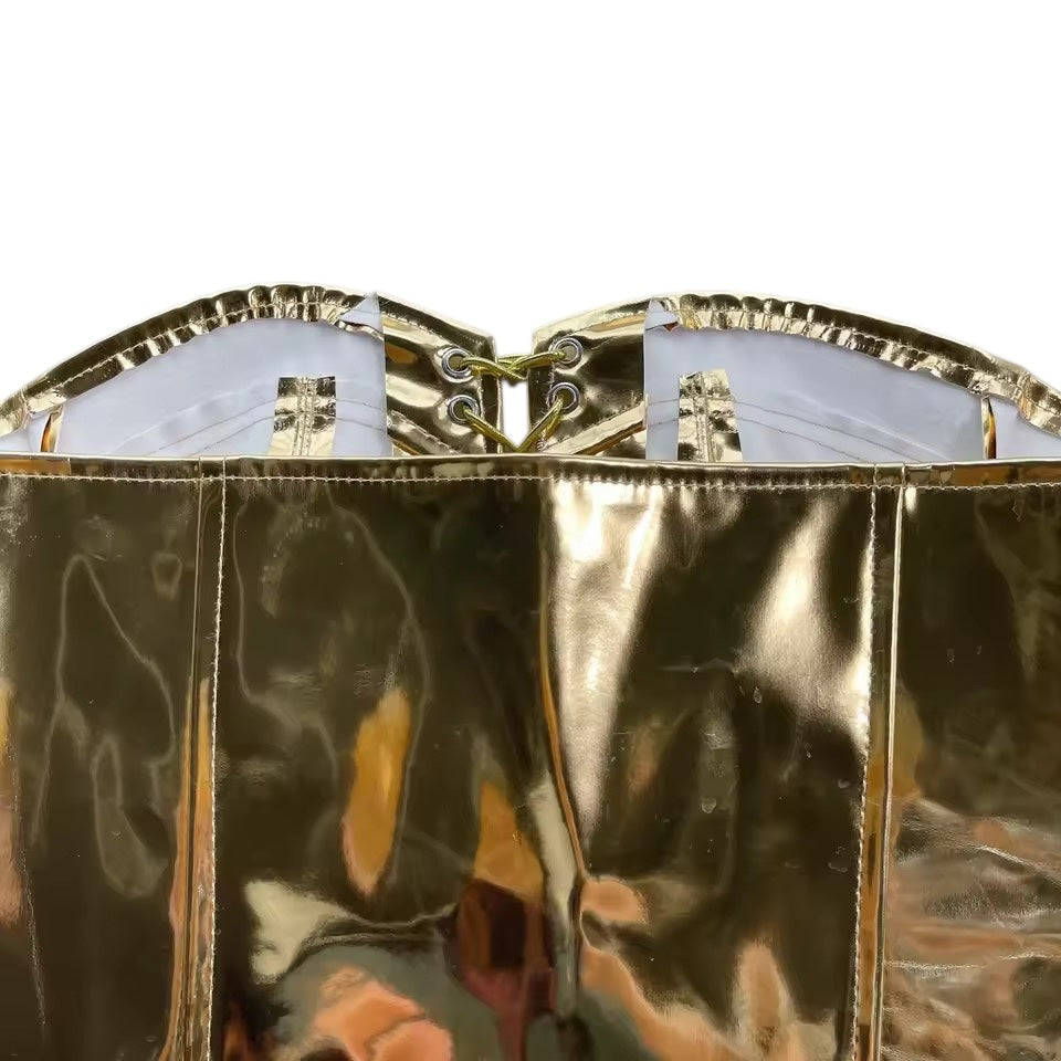 Gold Faux Leather Futuristic Lace Up Cropped Corset