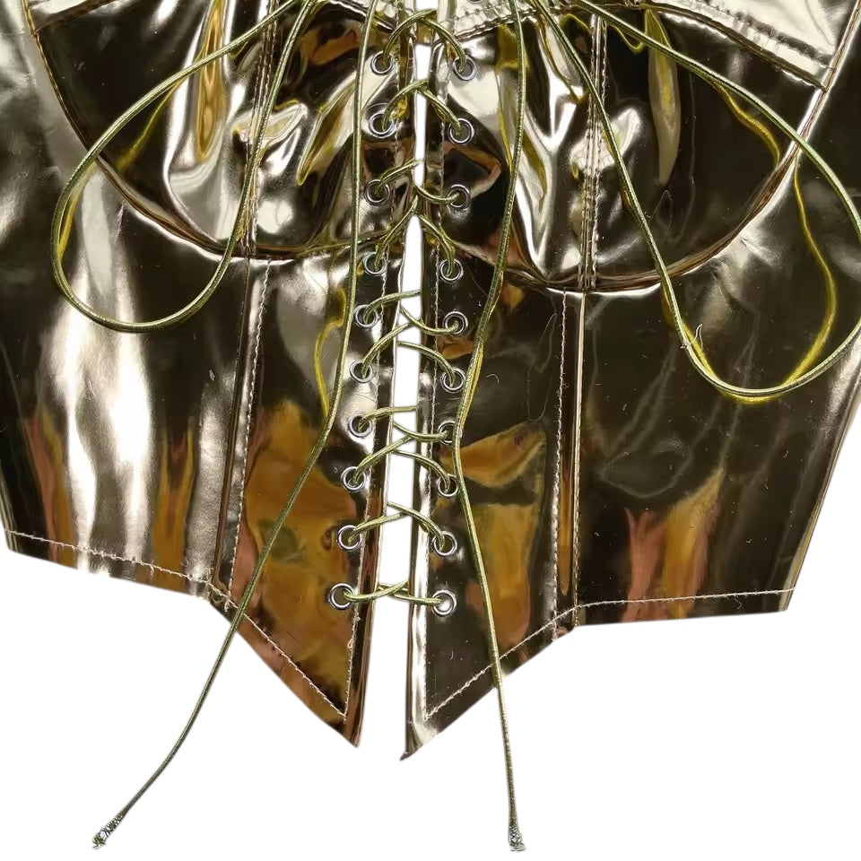 Gold Faux Leather Futuristic Lace Up Cropped Corset