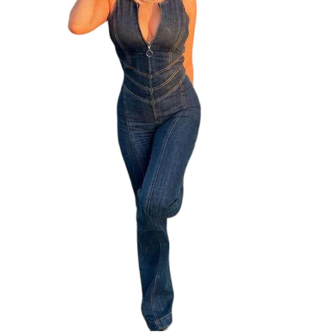 Blue Denim Heart Cut Out Flare Jumpsuit